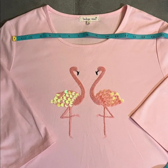 Indigo Soul pink beaded flamingo 3/4 length sleeve cotton shirt Large - Picture 6 of 14